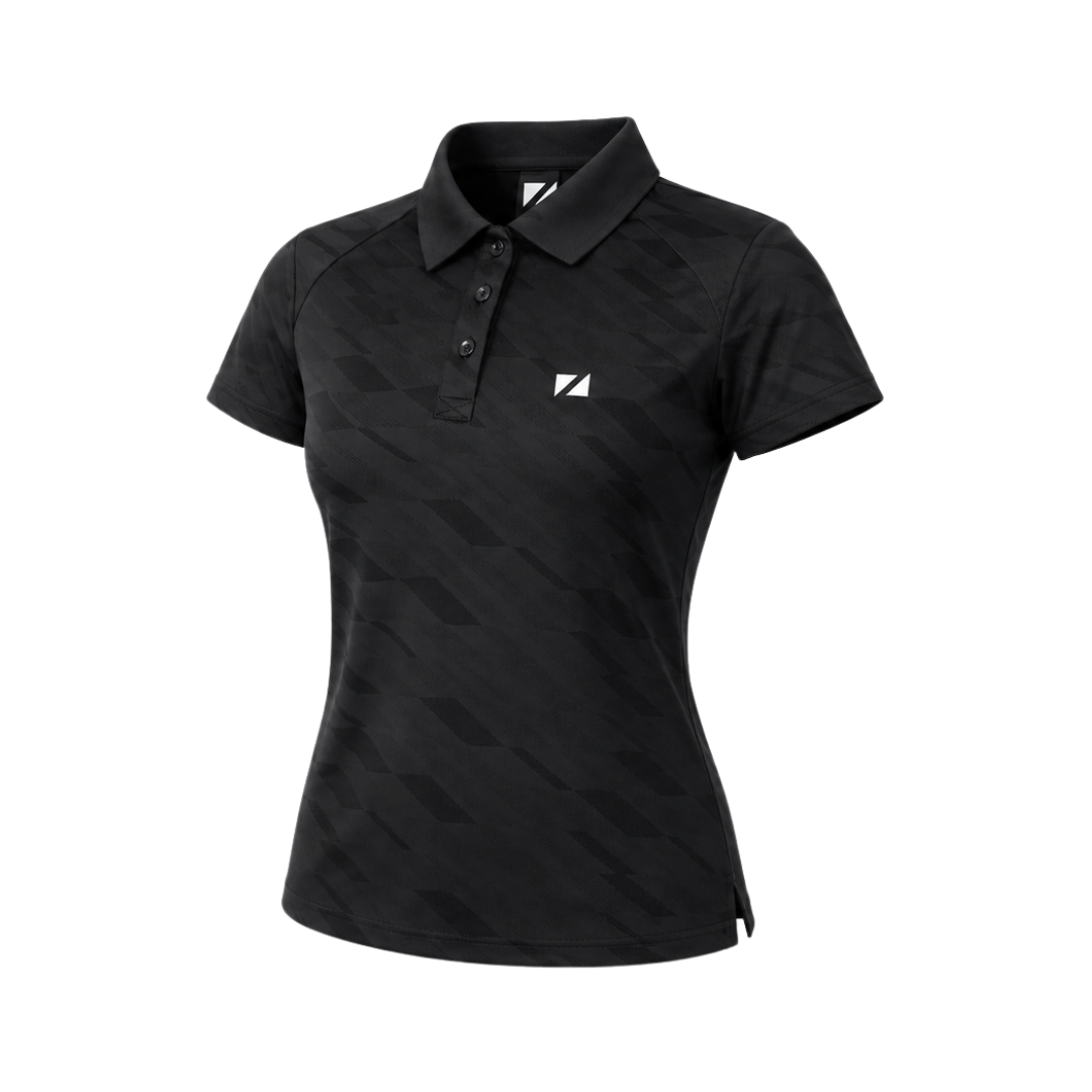 A black short-sleeve polo shirt with a subtle geometric pattern, featuring a three-button placket and a small white logo on the left chest, displayed on a clean white background.