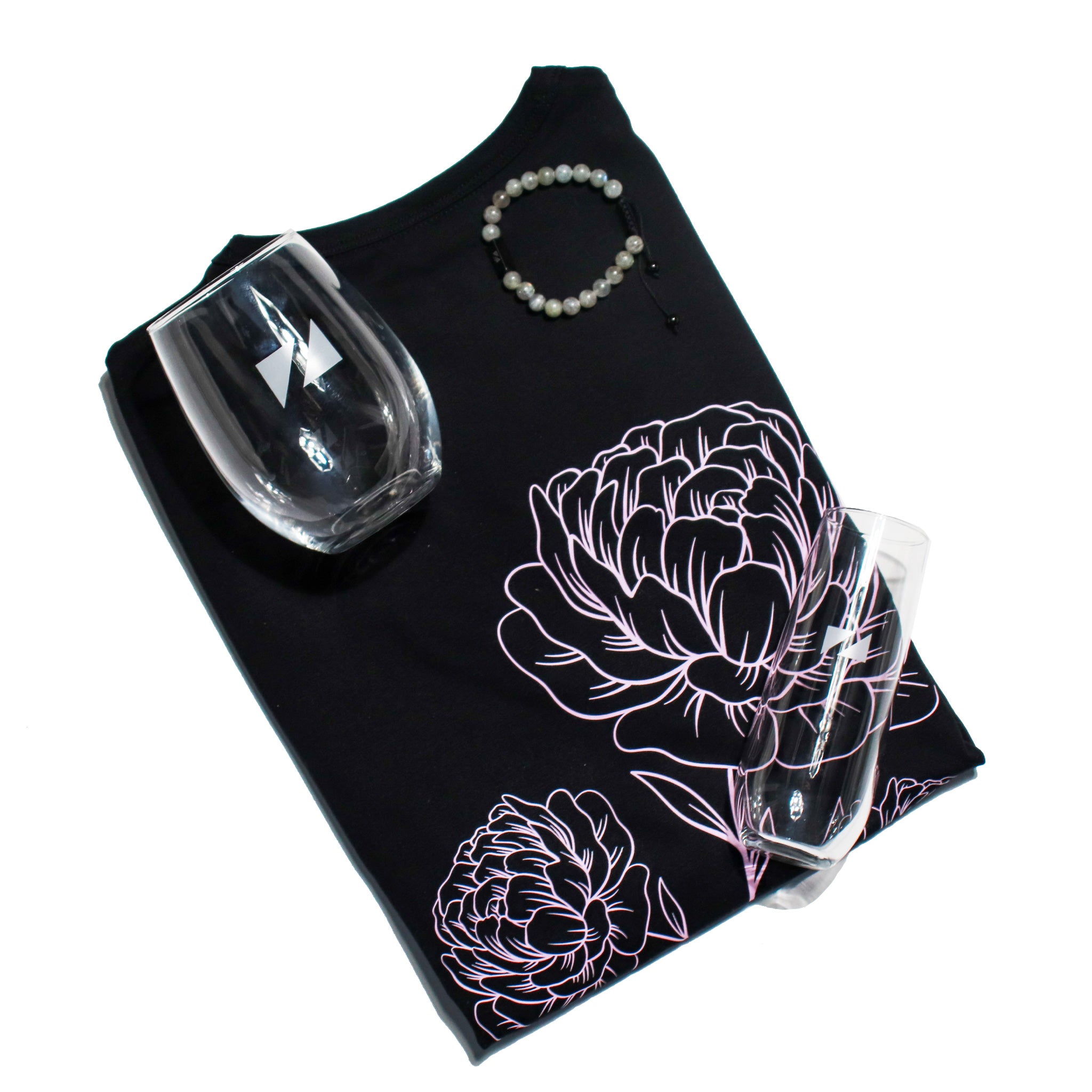 Bundle 3: The Luxe Carnation Tee + Elements Bracelet + Unwine Stemless Glass and Flute Bundle