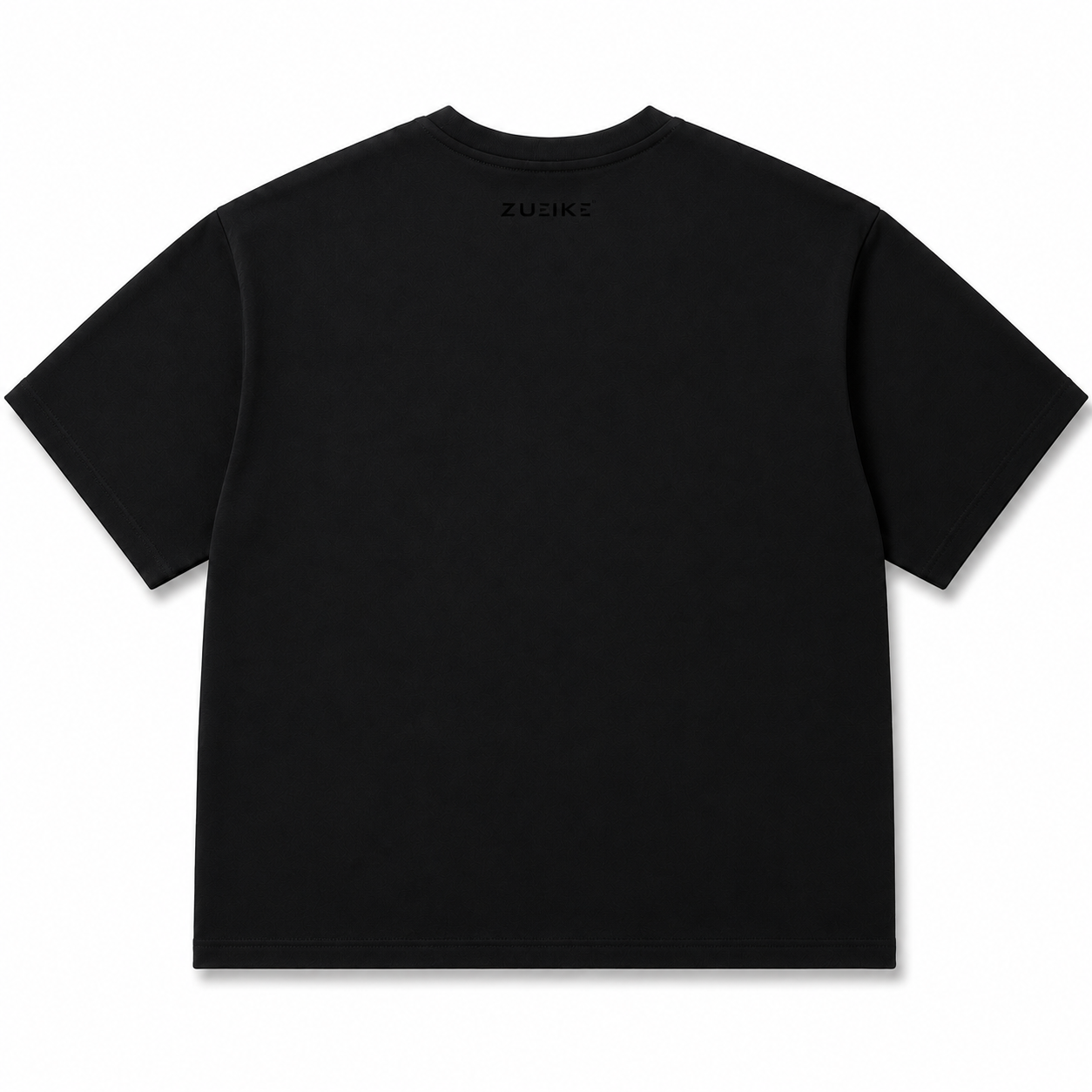 A black short-sleeve crewneck t-shirt shown from the back, featuring a subtle tonal black 'ZUEIKE' logo printed at the inner collar, set against a plain white background.