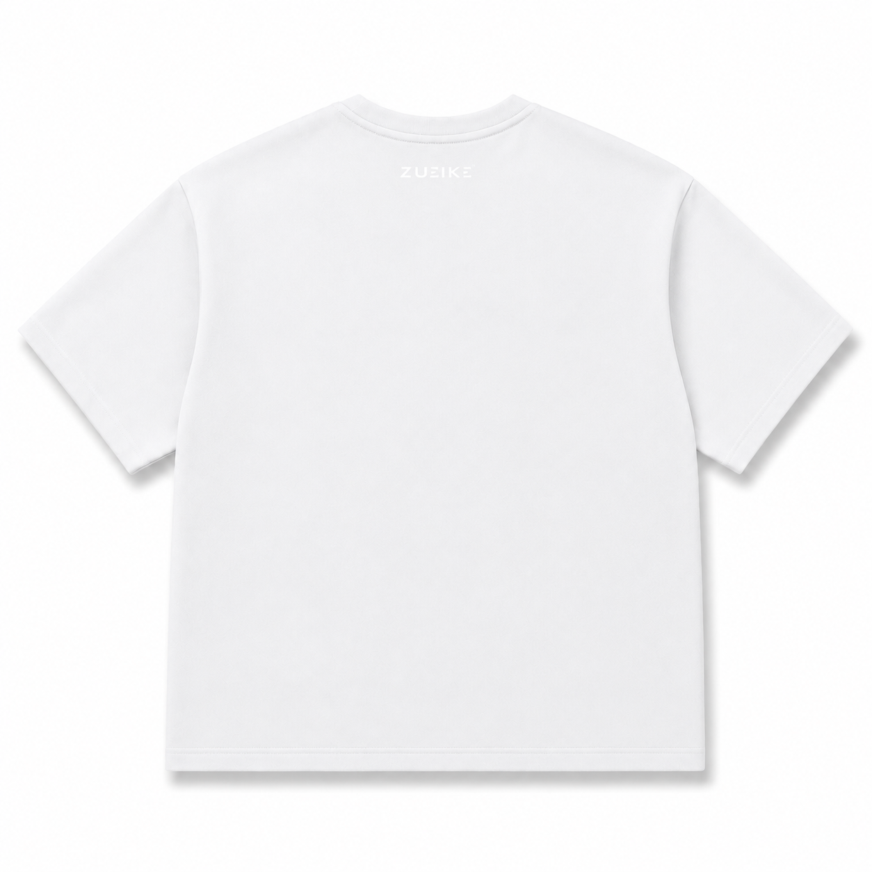 A white short-sleeve crewneck t-shirt shown from the back, featuring a subtle, tonal 'ZUEIKE.' brand logo printed at the inner neckline, set against a clean white background.