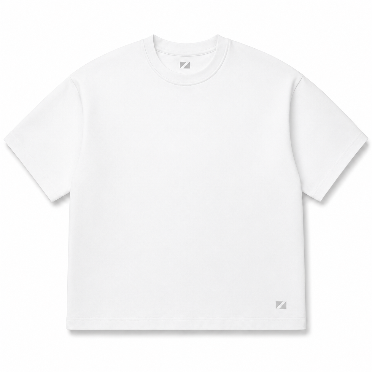 A white short-sleeve crewneck t-shirt with a small gray geometric logo on the bottom right hem and inside the collar, displayed on a clean white background.