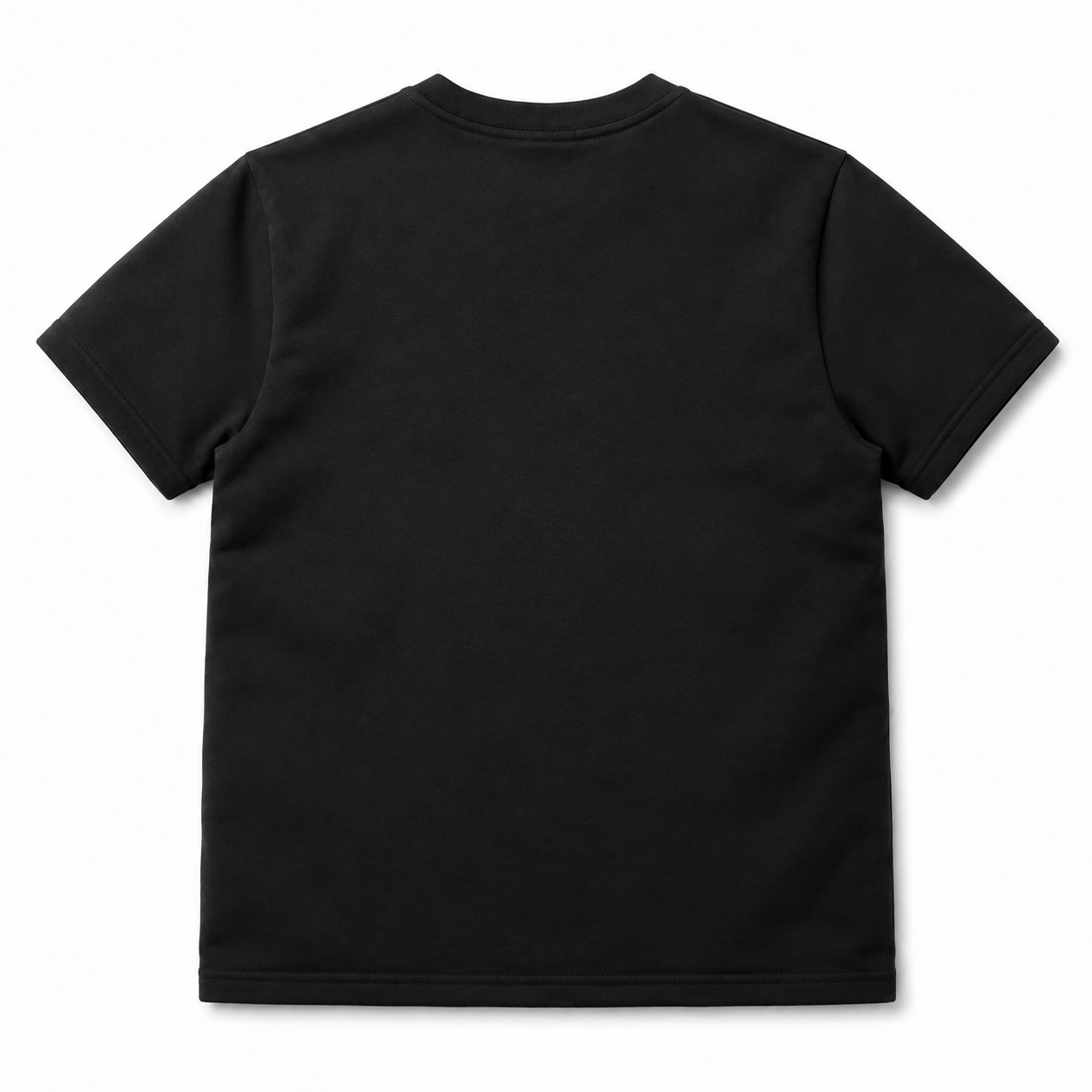 A black short-sleeve crewneck t-shirt shown from the back, laid flat against a clean white background.
