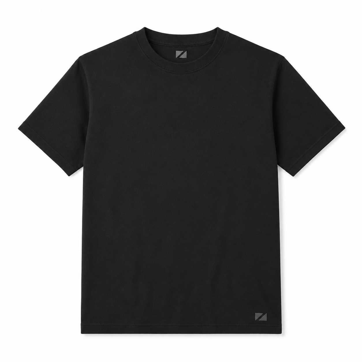A black short-sleeve crewneck t-shirt with a small dark gray geometric logo on the bottom right hem and inside the collar, displayed flat against a white background.