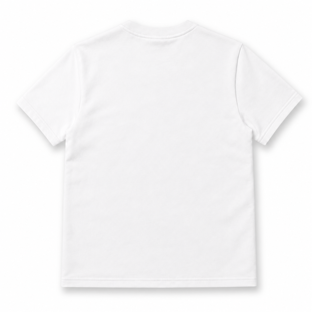 A plain white short-sleeve crewneck t-shirt shown from the back, laid flat against a clean white background.