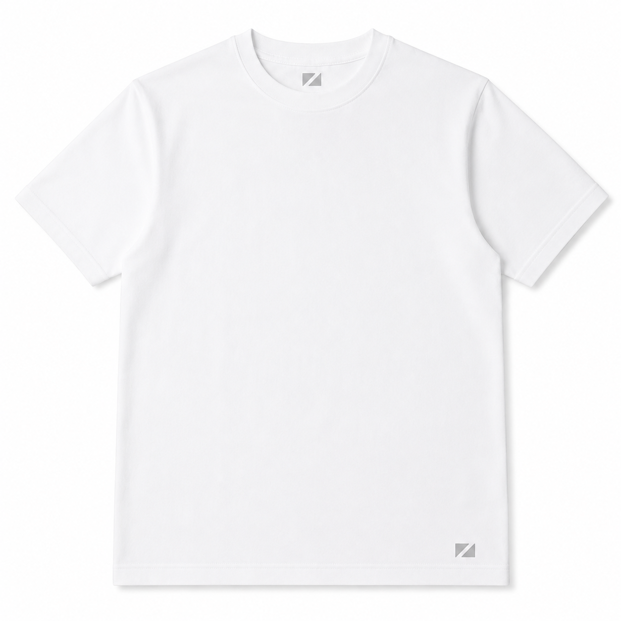 A plain white short-sleeve crewneck t-shirt with a small gray geometric logo on the bottom right hem and inside the collar, shown on a clean white background.