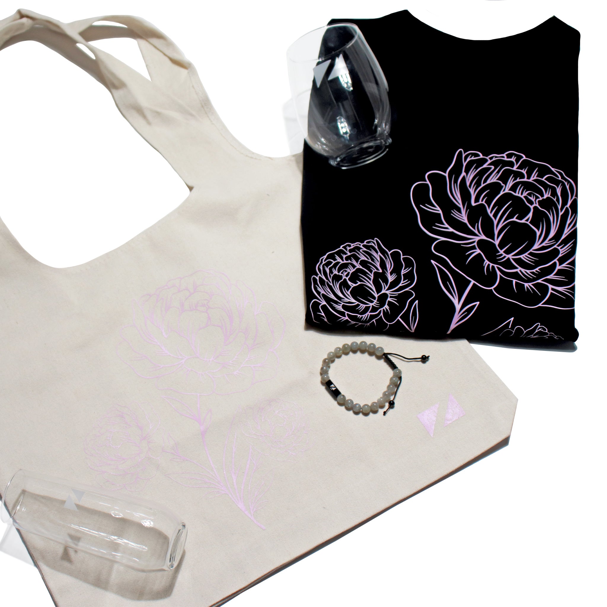 Bundle 1: The Luxe Carnation Tee + The Carnation Tote + Unwine Stemless Glass and Flute Bundle + Zueike Elements Bracelet