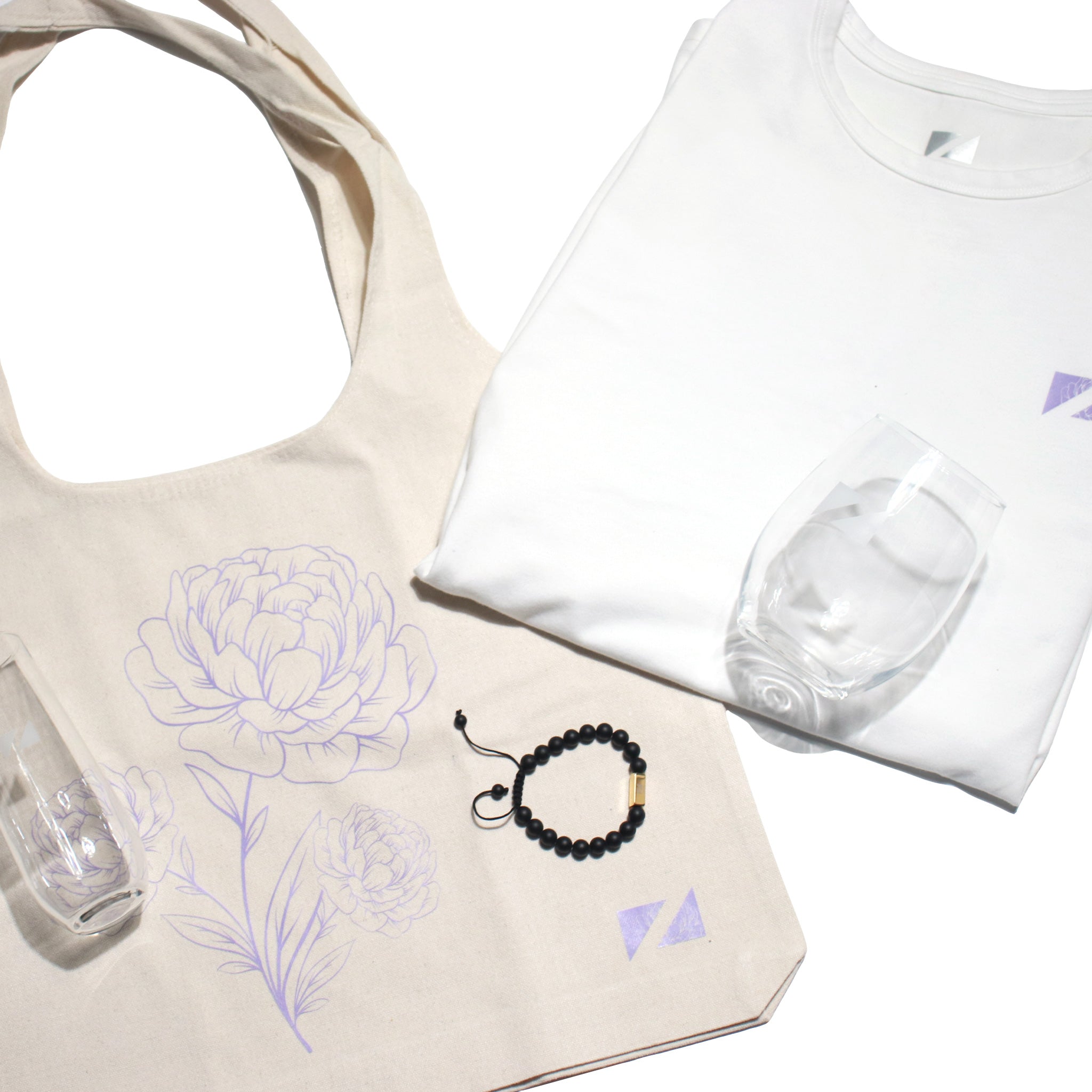 Bundle 1: Luxe Unisex Timeless Tee - Carnation + The Carnation Tote + Unwine Stemless Glass and Flute Bundle + Zueike Elements Bracelet