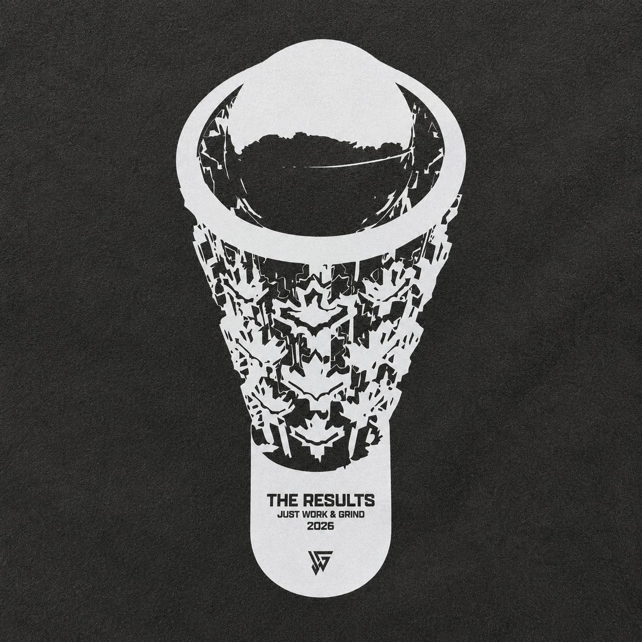 A black t-shirt featuring a white graphic print of a trophy-like cup with the text 'THE RESULTS', 'JUST WORK & GRIND', and '2026' printed on the base.