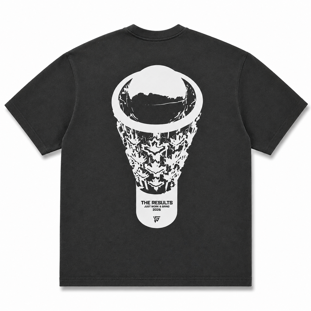 A black short-sleeve t-shirt shown from the back, featuring a large white graphic of a basketball-shaped light bulb with the text 'THE RESULTS JUST WON & WON 2024' printed on it.