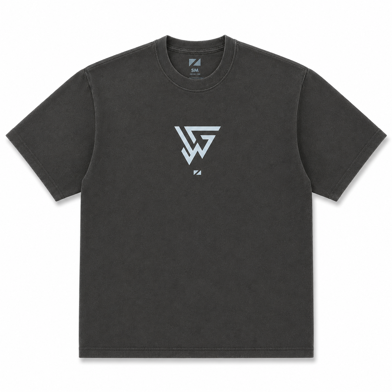 A dark charcoal gray crewneck t-shirt with a white geometric logo printed on the center chest, displayed flat against a clean white background.