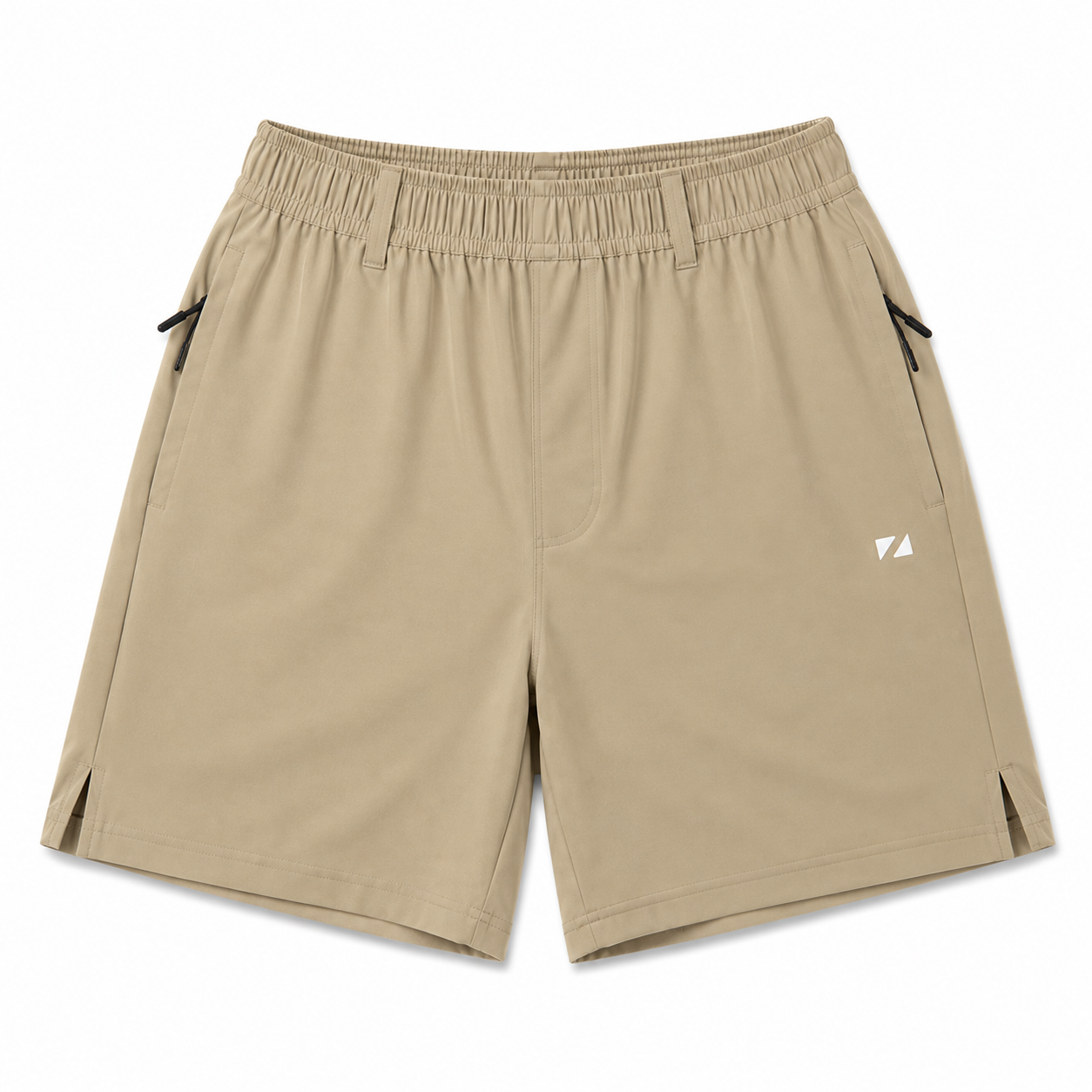 Beige athletic shorts with an elastic waistband, side pockets, and a small white geometric logo on the left thigh, shown on a plain white background.