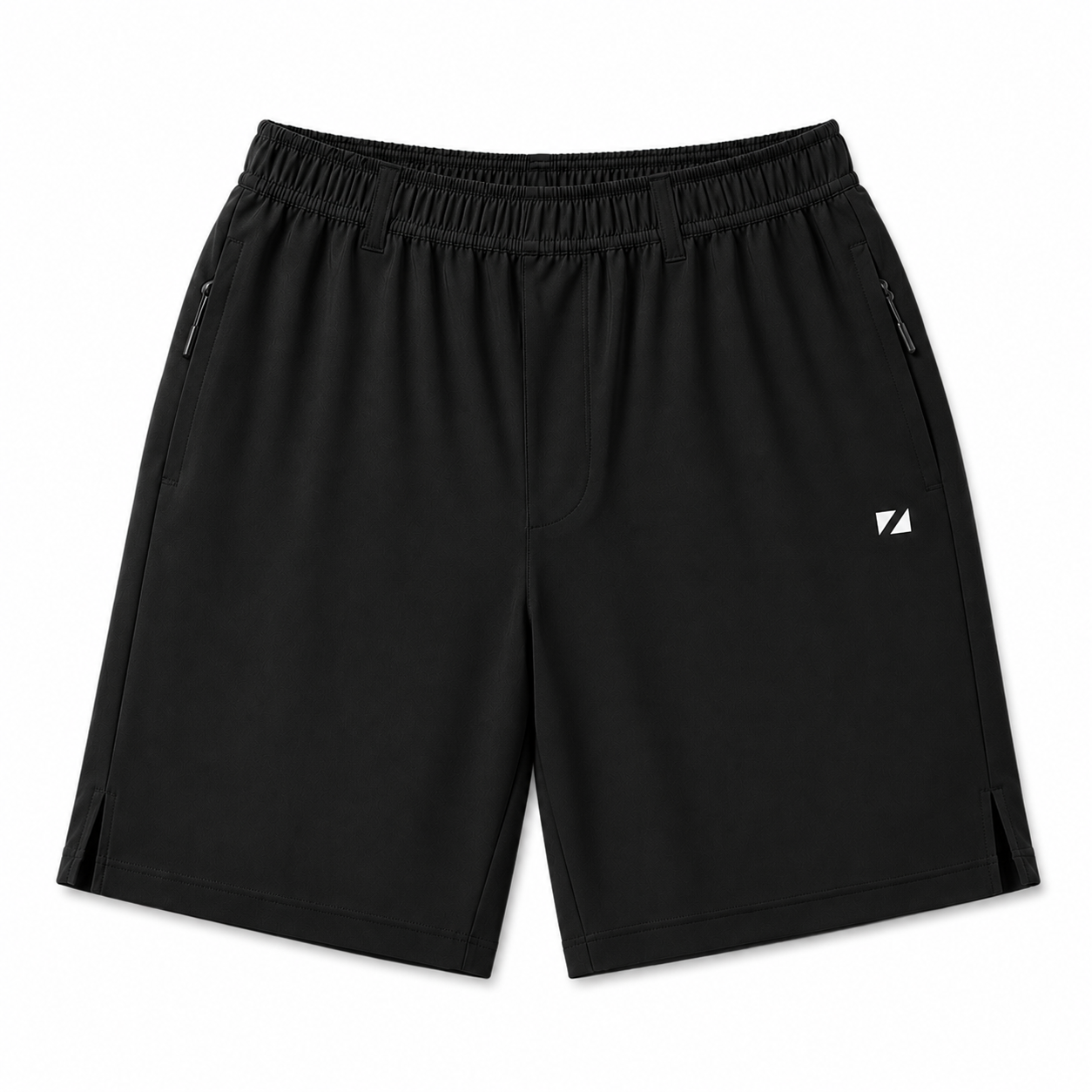 Black athletic shorts with an elastic waistband, zippered side pockets, and a small white geometric logo on the left thigh, shown on a plain white background.