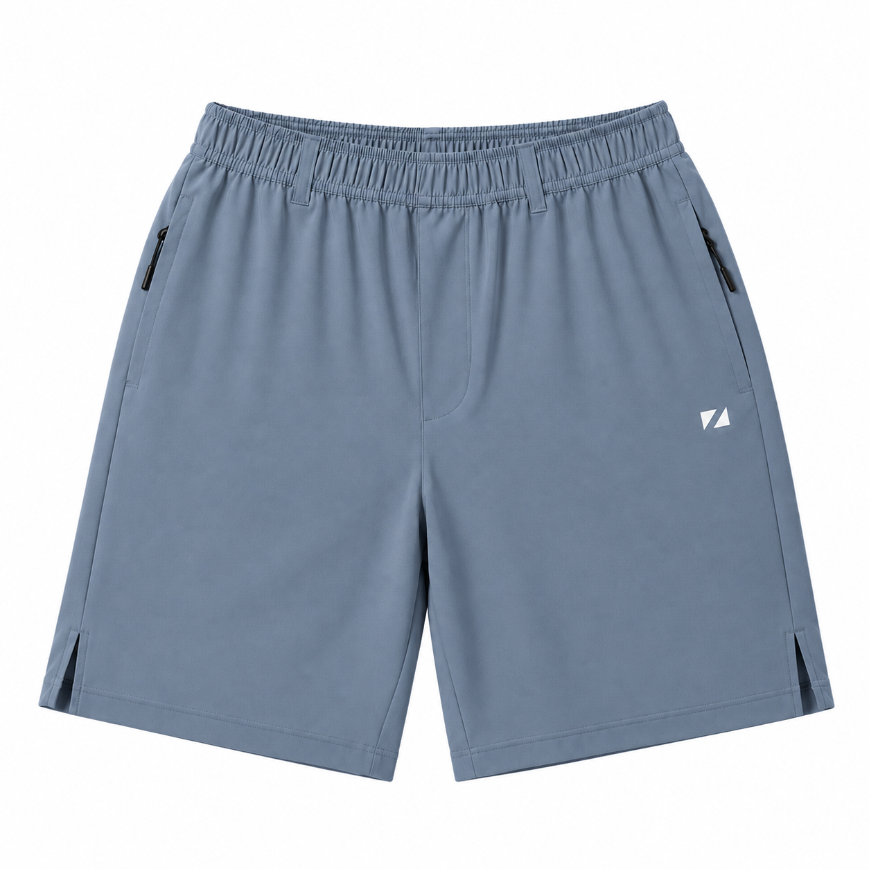 A pair of slate blue athletic shorts with an elastic waistband, zippered side pockets, and a small white geometric logo on the left thigh, shown against a plain white background.