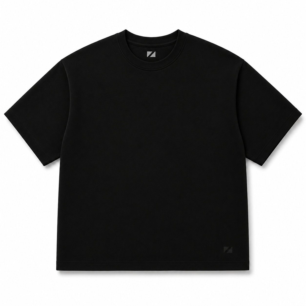 A black short-sleeve crewneck t-shirt with a small geometric logo on the bottom right hem and inside the collar, displayed flat against a white background.