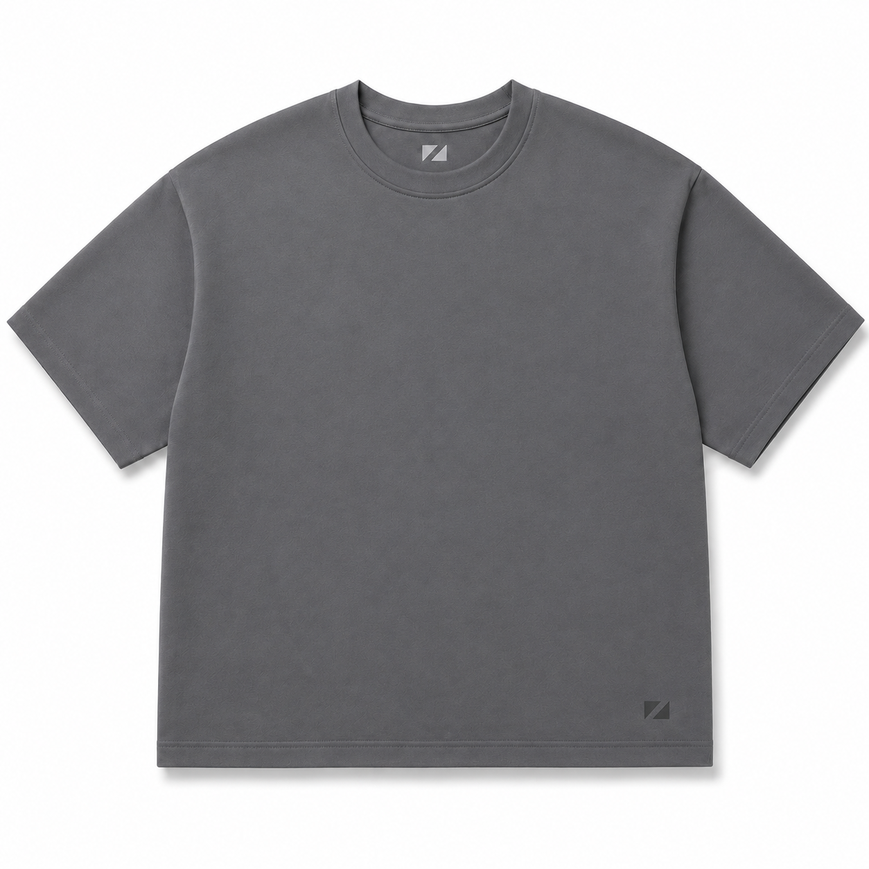 A dark gray crewneck t-shirt with a small geometric logo on the bottom right hem and inside the collar, displayed flat against a white background.