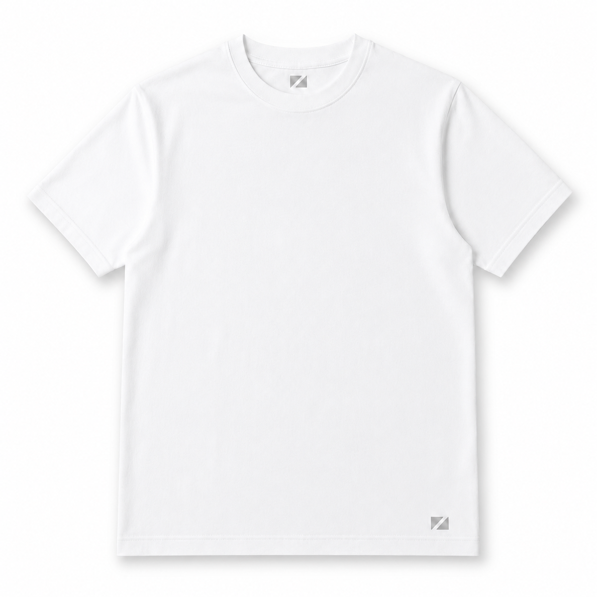 A plain white short-sleeve crewneck t-shirt with a small gray geometric logo on the bottom right hem and inside the collar, shown on a clean white background.