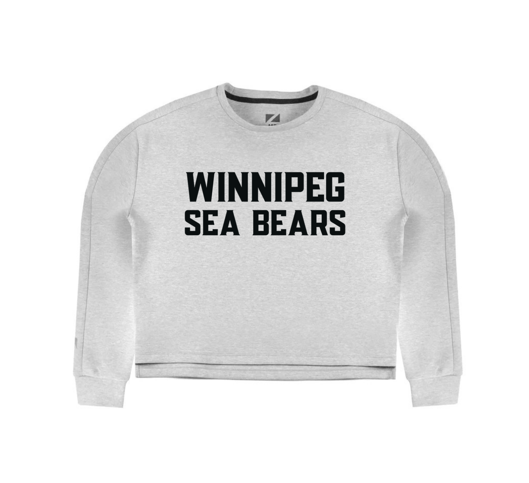 Gray sweatshirt with 'Winnipeg Sea Bears' text on a white background